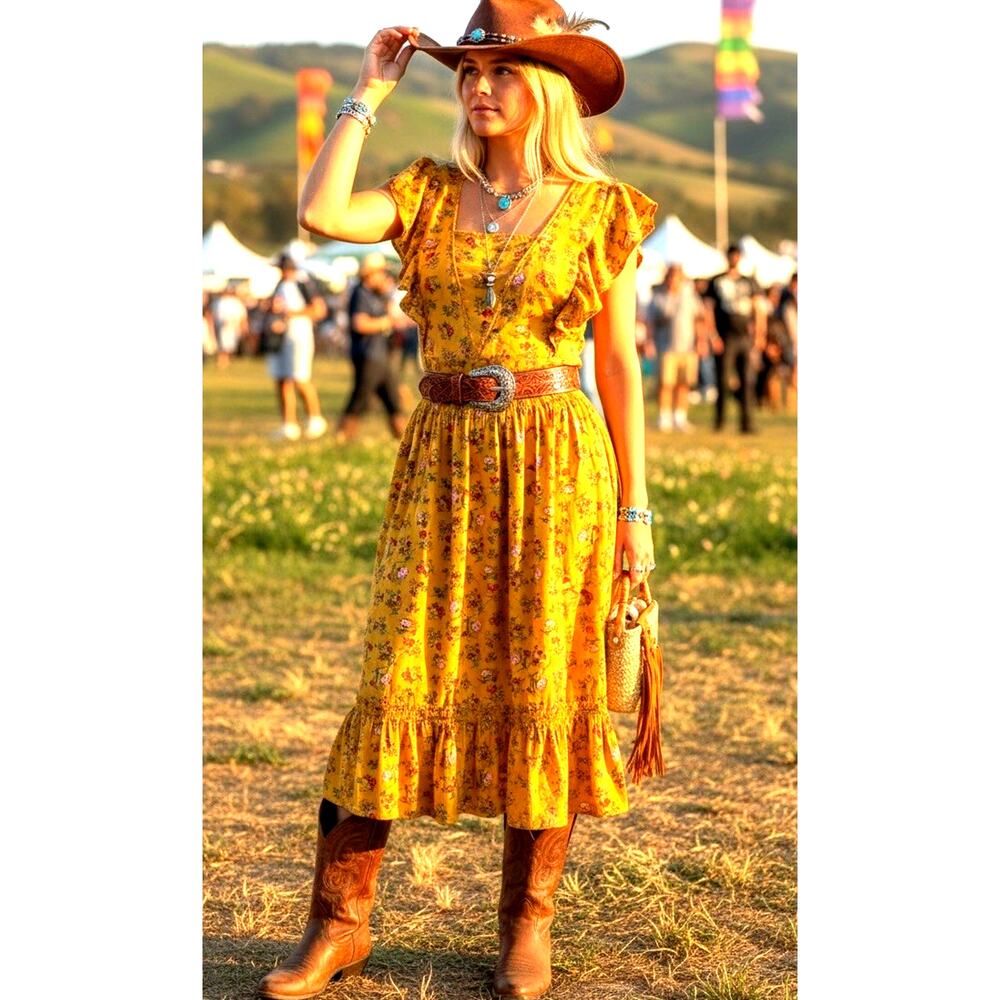 Western Cowgirl Floral Ruffles Dress EarthyYellow Flowy Boho Festival Peasant XL